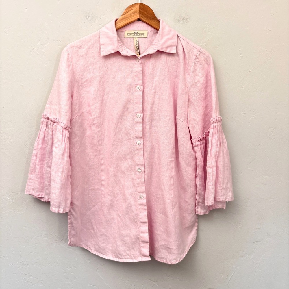 Crown Linen Designs Linen Shirt Top Women Sz XS Light Pink Button Up Bell Sleeve
